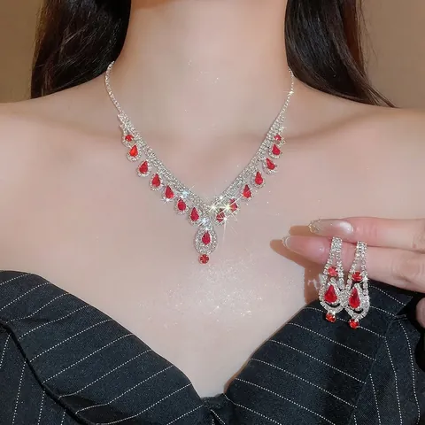 Collana E Orecchini In Rame Con Perno In Argento Strass A Goccia D'acqua Gioielli Da Sposa Stile Palazzo Per Donne