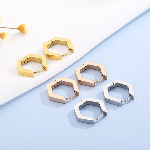 Hexagon Hoop Earrings Stainless Steel Geometric Huggie Minimalist Modern Jewelry For Women