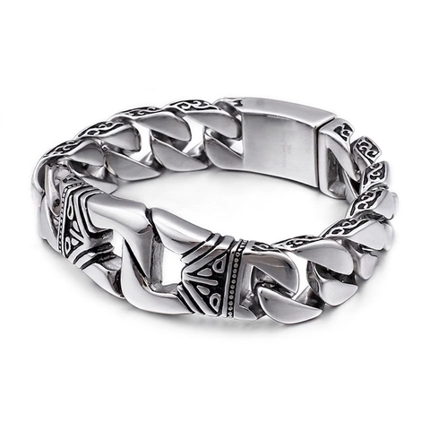 Men Chain Bracelet Vintage Carved Tribal Pattern 316L Stainless Steel Punk Biker Style Retro Silver Color Heavy