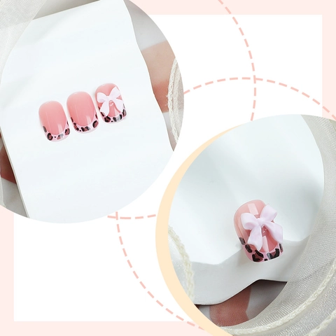 Leopard Print Press On Nails Pink White French Tips 3D Bows Rhinestones Artificial Pearls Square Almond False Nails DIY Manicure