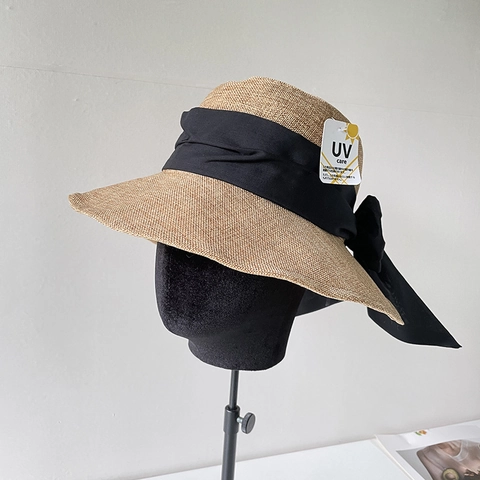 Linen Straw Woven Bucket Hat UV Protection Wide Brim Bowknot Open Back Foldable Summer Sun Hat Women