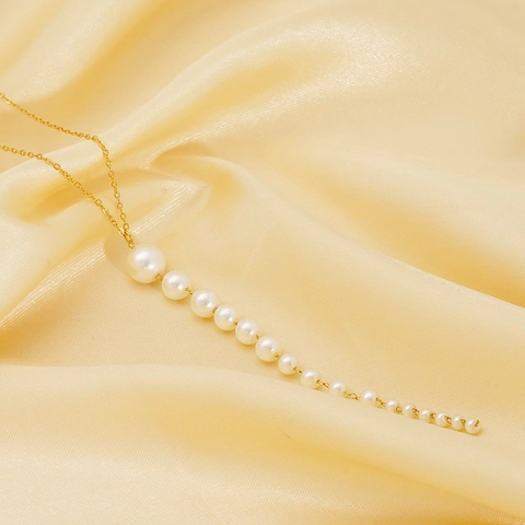 Artificial Pearl Tassel Pendant Necklace Stainless Steel 18K Gold Plated Elegant Gradient Shell Artificial Pearl Drop Neck Chain For Women