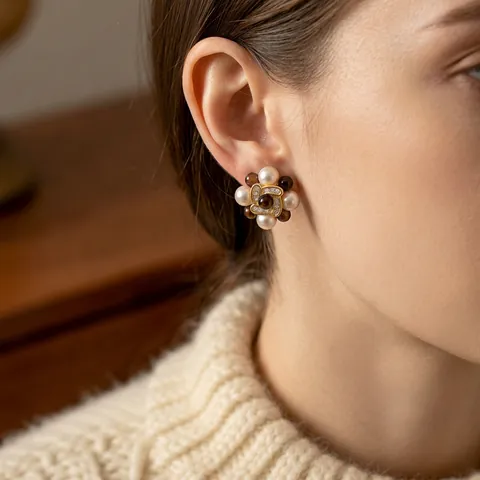 Pendientes De Flores Vintage Aleación Chapada En Oro De 18K Con Poste De Plata Perla Artificial De Imitación Ojo De Tigre Para Mujer