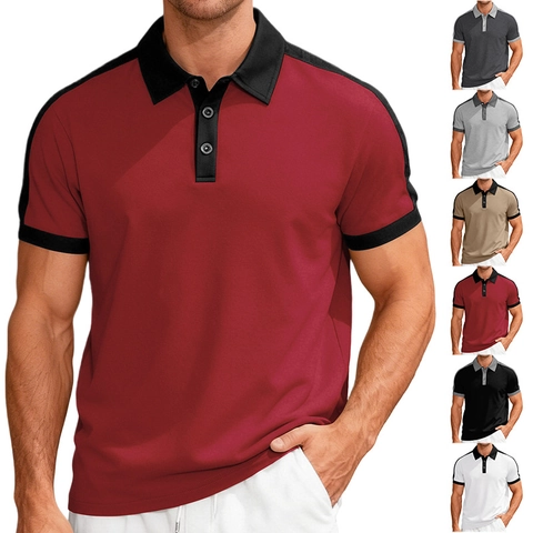 Polo Uomo Manica Corta Colletto Rovesciato Contrasto Colore Patchwork Poliere Traspirante Top Casual Moda