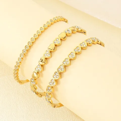 Bracciale Rigido In Acciaio Inossidabile A Forma Di Cuore Placcato Oro Con Zirconi Rhinestones Gioielli Di Moda Per Donna