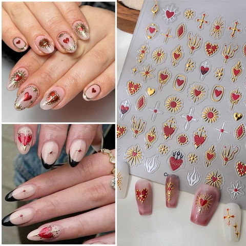 Pegatinas Uñas 5D Bronceado Corazón Rojo Cruz Oro Estrella Gótico Retro DIY Decoración De Manicura Para Mujeres