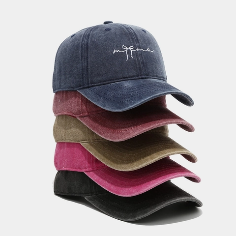Washed Cotton Baseball Cap Damen Sonnenschutz Schleife Mama Buchstaben Stickerei Vintage Verstellbare Freizeithut