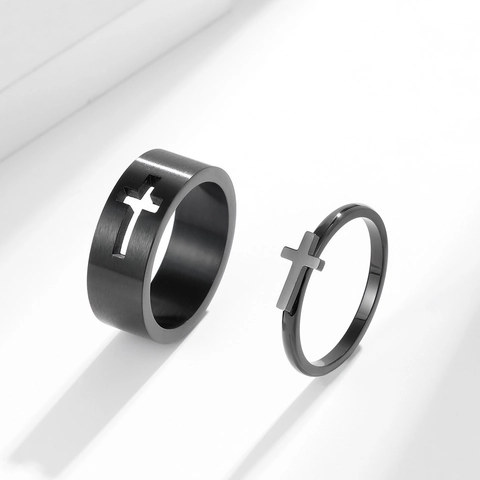Cross Ring Stainless Steel Hollow Out Crucifix Polished Brushed Religious Minimalist Jewelry For Men Women Couples