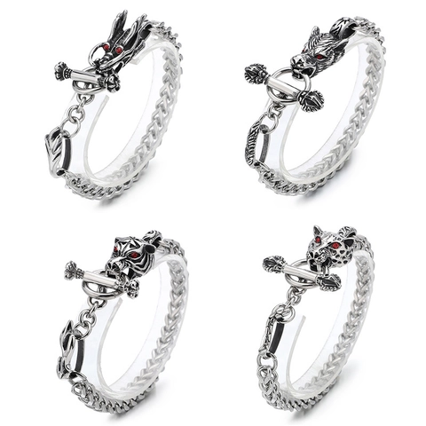 Men Titanium Steel Animal Head Bracelet Gothic Punk Dragon Wolf Tiger Leopard Heavy Chain OT Clasp Red Stone Eyes