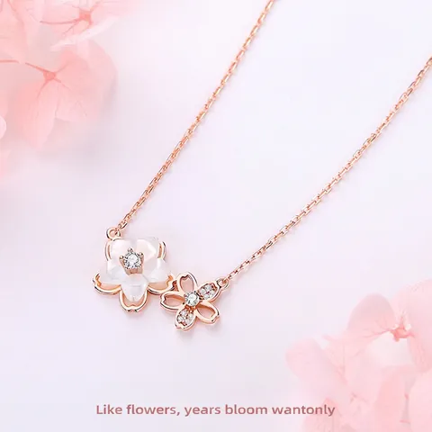 Rose Gold Copper Cherry Blossom Pendant Necklace For Women With Artificial Pearl Rhinestone Romantic Floral Fashion Jewelry