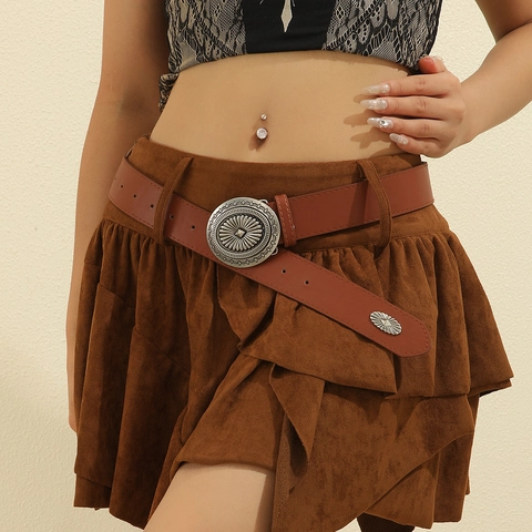Ceinture Vintage Cuir PU Femmes Grande Boucle Ovale Alliage Motif Soleil Style Cowboy Occidental Bohème Décorative