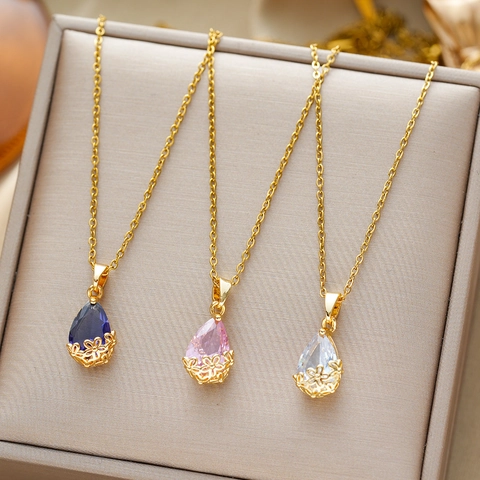 Collana Con Pendente A Goccia D'acqua Acciaio Inossidabile Filigrana Cava Lusso Cristallo Gemma Gioielli Moda Donna