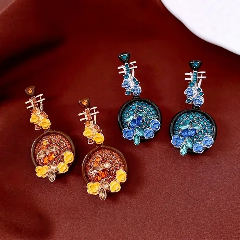 Orecchini Pendenti Strumento Musicale Pipa Vintage Lega Smalto Fiore Strass Con Perno In Argento Per Donna Gioielli Eleganti