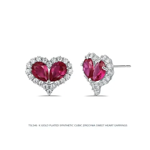 Orecchini E Collana Zirconia Rossa Cuore Perno Argento Sterling 925 Rame Placcato Oro Stile Dolce