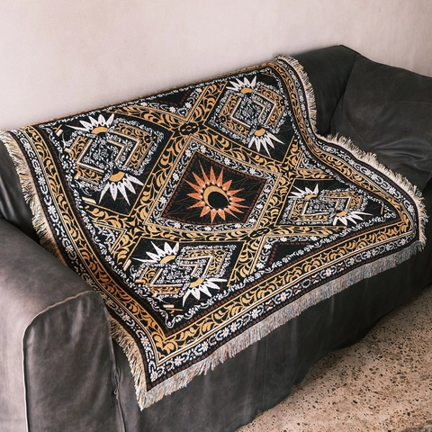Coperta Intrecciata Bohémien Poliestere Cotone Jacquard Nappe Sole Luna Astrologia Campeggio Esterno Copridivano Sonno