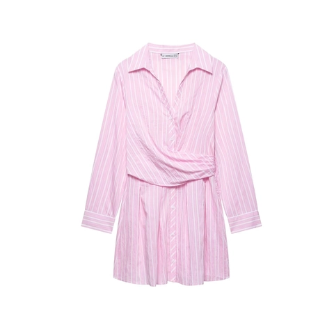 Pink Striped Shirt Dress Women Long Sleeve Lapel V Neck Crossover Waist Button Down Elegant Polyester Mini Dress