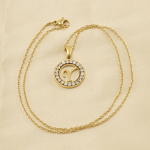 Collana Con Ciondolo A Lettera Placcata Oro 18K Acciaio Inossidabile Strass Rotondo Cavo Iniziale Gioielli Di Moda Per Donna