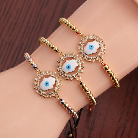 Hamsa Hand Evil Eye Bracelet Copper Zircon Micro Pave Enamel Adjustable Braided Rope Jewelry For Women Men