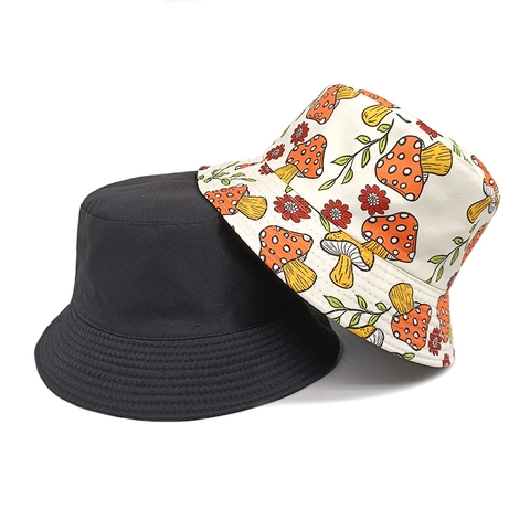 Mushroom Pattern Bucket Hat Polyester Reversible Colorful Cartoon Print Sun Protection Foldable Outdoor Casual Retro
