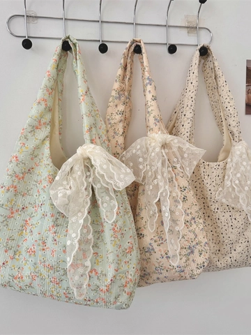 Women Floral Tote Bag Polyester Canvas Lace Bow Decoration Large Capacity Korean Style Commuter Shoulder Bag
