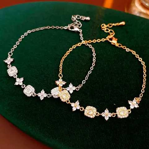 Flower Square Link Bracelet Copper Real Gold Plated Cubic Zirconia Exquisite Adjustable Jewelry For Women Light Luxury