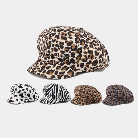 Retro Baumwolle Tierdruck Achteckiger Hut Für Damen Leopard Kuh Zebra Muster Mode Baker Boy Mütze Verstellbare Schirmmütze