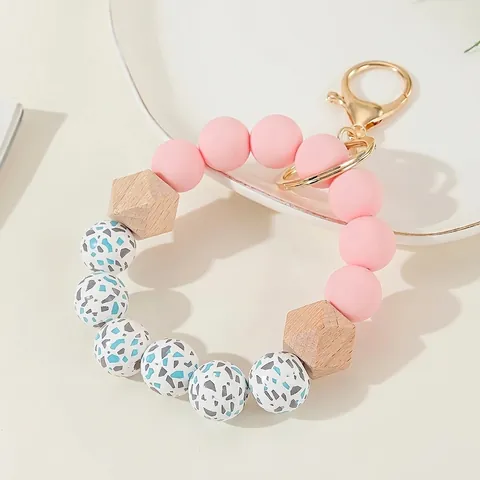 Llavero De Pulsera Con Cuentas De Silicona Y Madera Anillo De Llave Moda Amuleto De Bolso Accesorios Mujeres Con Cierre Metálico