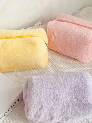 Sweet Plush Makeup Bag Large Capacity Faux Fur Cosmetic Pouch Macaron Solid Color Travel Storage Organizer Case For Women