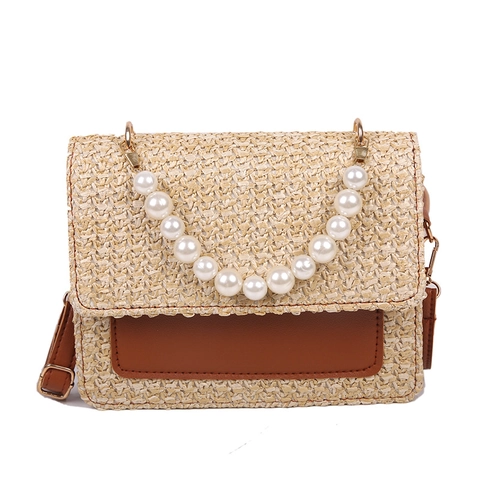Bolso Bandolera de Paja Tejida para Mujer Con Asa de Perla Artificial Patchwork de Cuero PU Bolso de Hombro para Vacaciones de Verano