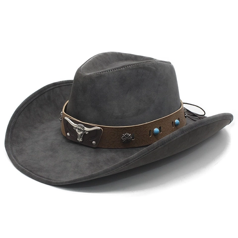 Western Cowboy Hat Faux Suede Vintage Ethnic Bull Head Decorative Band Wide Brim Outdoor Knight Fedora For Men Women