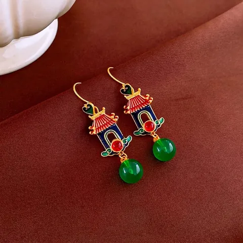 Boucles D'oreilles Pendantes Style Palais Chinois Pavillon Cuivre Émail Perle Verte Bijoux Élégants Rétro Pour Femmes