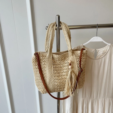 Damen Stroh Gewebte Tragetasche Mit Holzperlen Quaste Große Kapazität Sommer Strand Urlaub Handtasche PU Schultergurt
