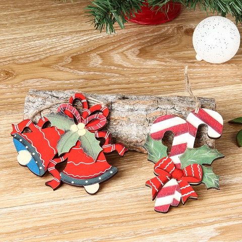 Decorazioni Da Appendere In Legno Per Albero Di Natale Forma Di Campana E Bastoncino Di Zucchero Con Fiocco Rosso