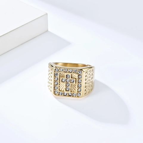 Anillo A Sigillo Quadrato Da Uomo In Acciaio Inossidabile Croce Micro Pavé Strass Hip Hop Punk Gioielli Religiosi