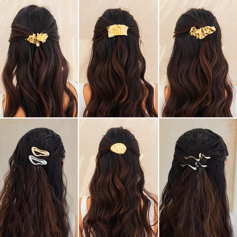 Mollette Per Capelli In Metallo Liquido Irregolari Lega Pieghettate Geometriche Minimaliste Eleganti Accessori Donna