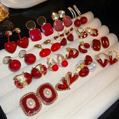 Red Heart Geometric Earrings With 925 Sterling Silver Earring Post Enamel Artificial Pearl Rhinestone Retro Jewelry For Women