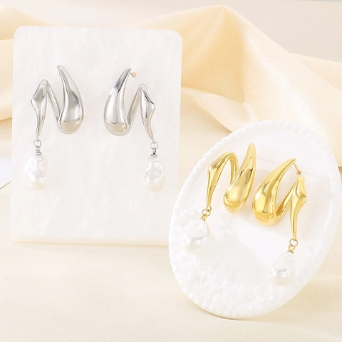 Pendientes Colgantes De Acero Inoxidable Distorsionados Irregulares Franceses Con Perla Artificial De Concha Barroca Joyería Elegante