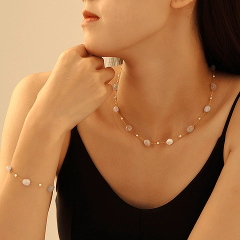 Set Di Gioielli In Acciaio Inossidabile Con Pietra Naturale E Imitazione Perla Artificial Collana E Bracciale Placcato Oro Minimalista Vintage Donna
