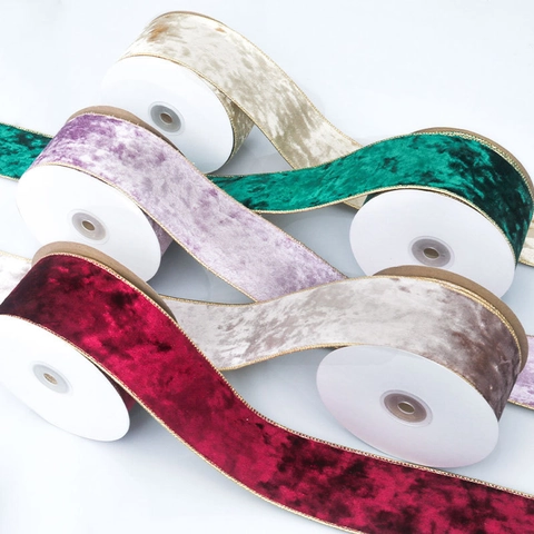Christmas Velvet Ribbon With Gold Wire Edge Metal Border Luxurious Holiday Tree Decoration Gift Wrapping DIY Craft Roll