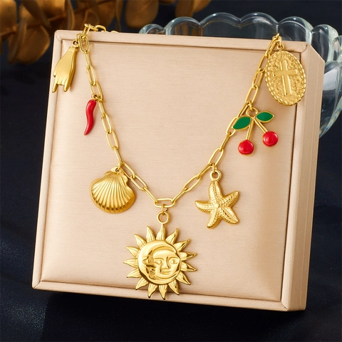 Collana Multi Pendente Acciaio Inossidabile Placcato Oro Sole Conchiglia Stella Marina Ciliegia Peperoncino Croce Donna