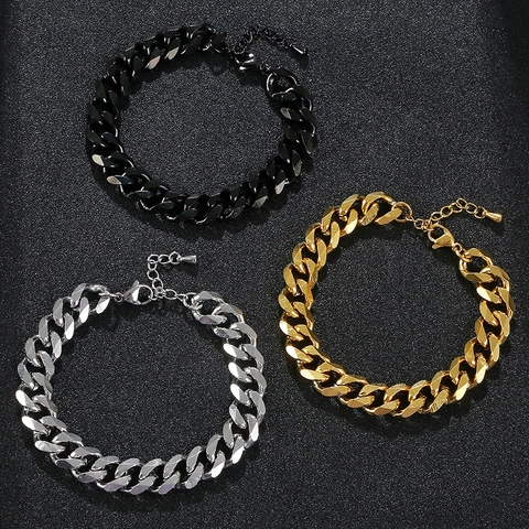 Cuban Link Chain Bracelet Stainless Steel Polished Flat Heavy Geometric Hip Hop Jewelry Adjustable For Men Women Stylish