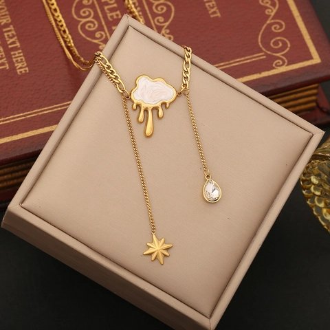 Collana A Y E Orecchini Nuvola Fondente Acciaio Inossidabile Smalto Bianco Nappa Stella Goccia D'acqua Pendente Cristallo Donne