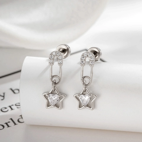 Paperclip Safety Pin Star Pendant Ear Bone Stud With Heart Cubic Zirconia Titanium Steel Piercing Jewelry Minimalist
