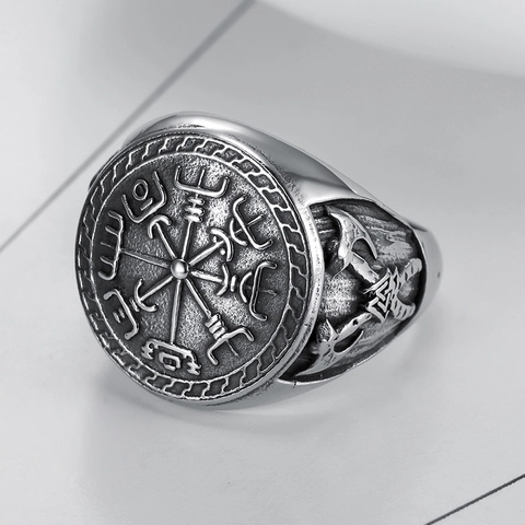 Anillo Brújula Vikinga Acero Inoxidable Vegvisir Runa Sello Plata Antigua Nórdico Retro Punk Joyería Para Hombre