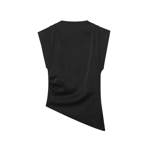 Fashion Ruched Sleeveless Top With Asymmetric Hem Round Neck Polyester Chic Solid Color Elegant Vest For Women