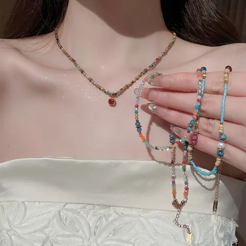 Collana Di Perle In Cristallo Colorato Acciaio Inossidabile Pendente Gemma Rossa Quadrata Choker Bohemien Vintage Per Donne