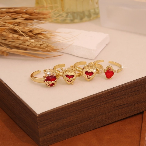 Sacred Heart Adjustable Ring Copper Gold Plated Red Heart Glass Gemstone Crown Vintage Gothic Fashion Jewelry For Women