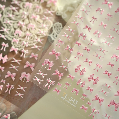 Adesivi Per Unghie Fiocco Rosa Rilievo 3D Design Nastro Stile Ragazza Dolce Con Künstliche Perle Accessorio Manicure Fai Da Te