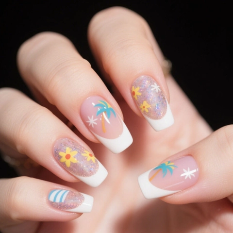 French Press On Nails ABS Summer Flower Palm Tree Medium Square Artificial False Fingernails For Women Elegant