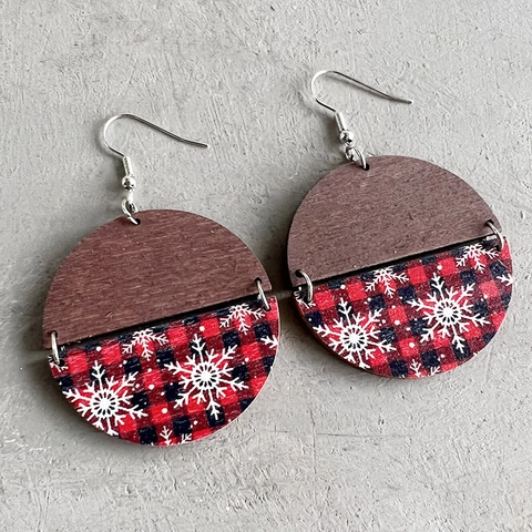 Böhmische Holz Runde Hängeohrringe Eisenhaken Weihnachten Rentier Schneeflocke Buffalo Plaid Patchwork Vintage Urlaub Damen